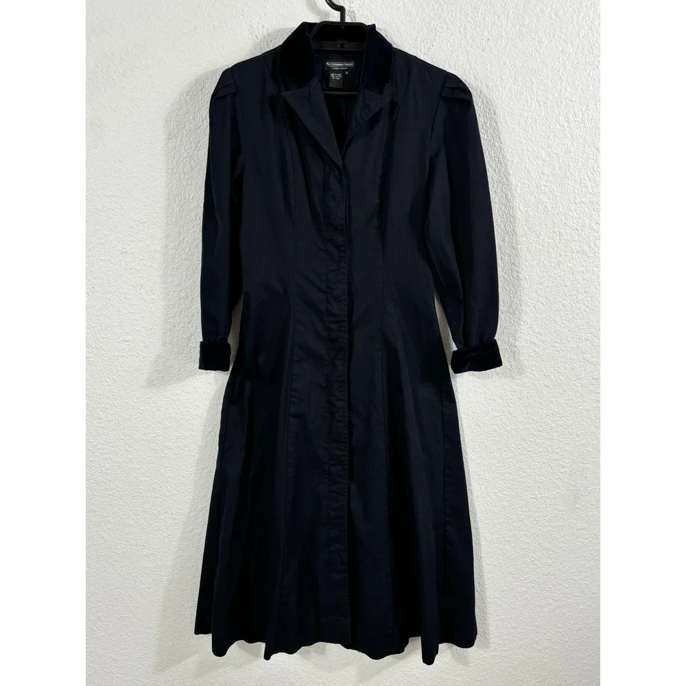 J Peterman Company Dress Womens 6 Navy Blue Velvet Collar Cuffs Long Midi A-Line
